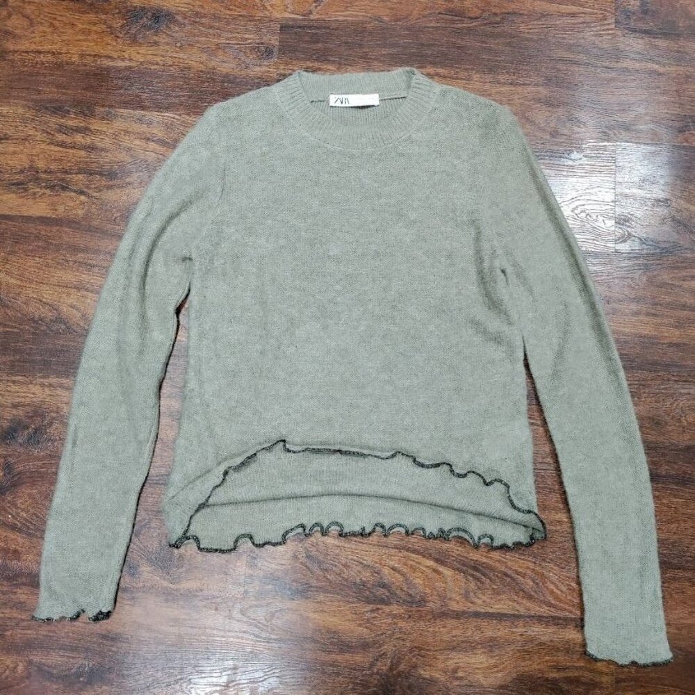 ZARA Wool Alpaca Blend Lightweight Base Layer Ruffled Hem Sweater Women's Small - Picture 4 of 10
